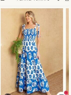 Flying Tomato Blue and White Floral Tie-Shoulder Maxi Dress